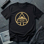 UFO apex t-shirt with gold geometric emblem of a saucer beaming light inside a triangle and circle, black