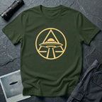UFO apex t-shirt with gold geometric emblem of a saucer beaming light inside a triangle and circle, green