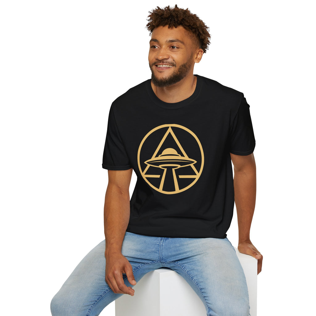 UFO apex t-shirt with gold geometric emblem of a saucer beaming light inside a triangle and circle, black, worn by model