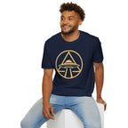 UFO apex t-shirt with gold geometric emblem of a saucer beaming light inside a triangle and circle, navy blue, worn by model