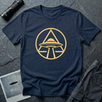 UFO apex t-shirt with gold geometric emblem of a saucer beaming light inside a triangle and circle, navy blue
