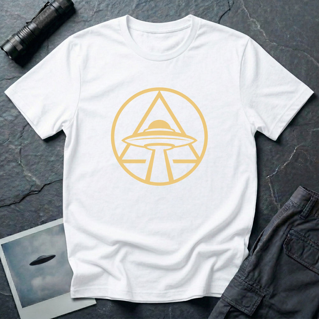 UFO apex t-shirt with gold geometric emblem of a saucer beaming light inside a triangle and circle, white