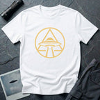 UFO apex t-shirt with gold geometric emblem of a saucer beaming light inside a triangle and circle, white