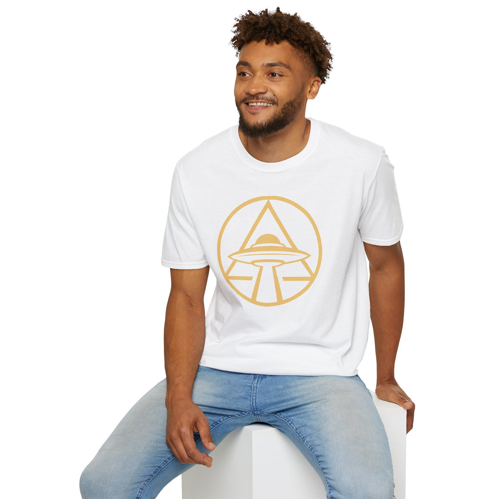 UFO apex t-shirt with gold geometric emblem of a saucer beaming light inside a triangle and circle, white, worn by model