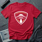 UFO insignia red t-shirt with gold and cream crest emblem and classic saucer beaming light