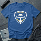 UFO insignia royal blue t-shirt with gold and cream crest emblem and classic saucer beaming light