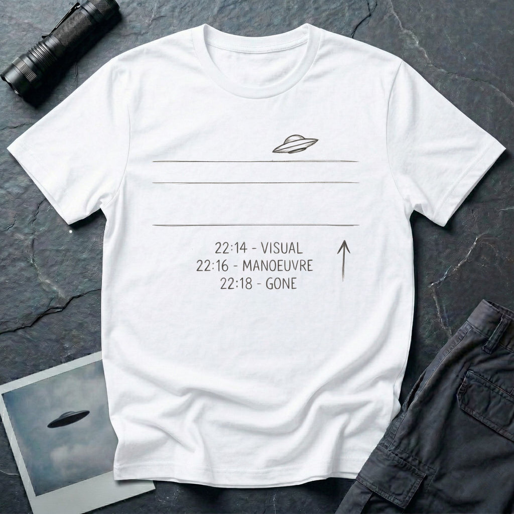 White t-shirt with hand drawn UFO and sighting log reading 22:14 visual, 22:16 manoeuvre, 22:18 gone
