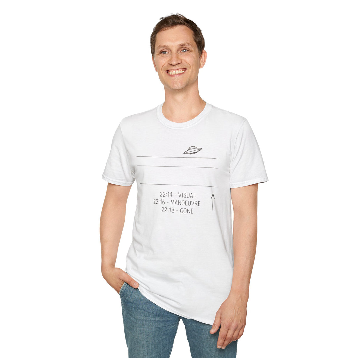 White t-shirt with hand drawn UFO and sighting log reading 22:14 visual, 22:16 manoeuvre, 22:18 gone