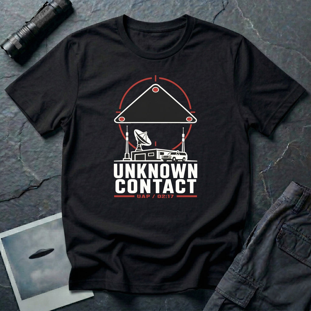 Radar station with satellite dish and vehicle beneath a targeted triangular UAP contact reticle with Unknown Contact UAP 02:17 text on a black t-shirt