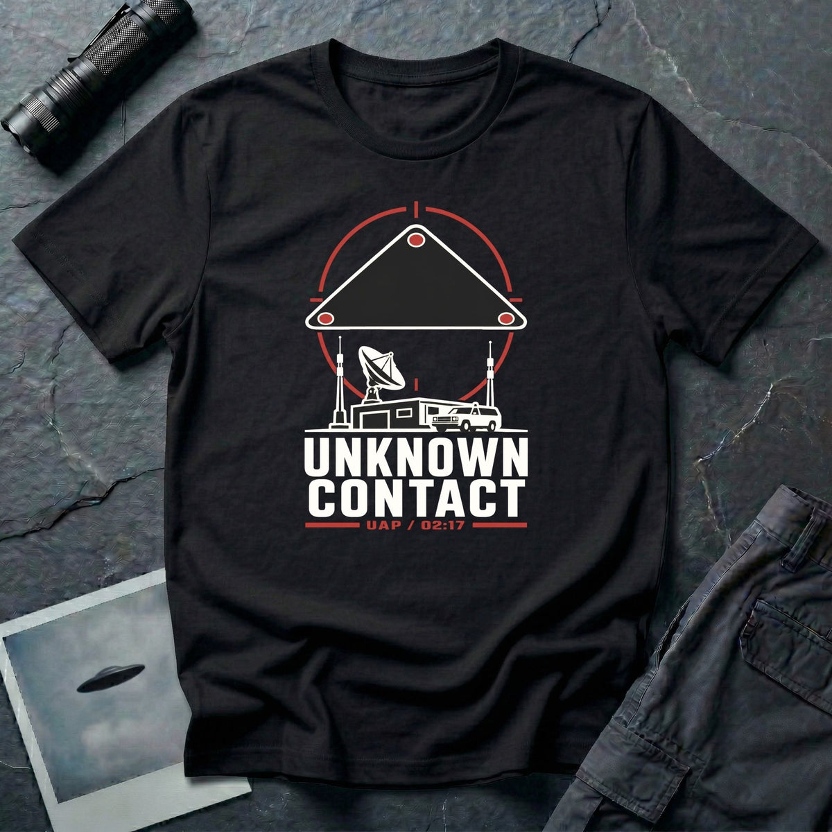 Radar station with satellite dish and vehicle beneath a targeted triangular UAP contact reticle with Unknown Contact UAP 02:17 text on a black t-shirt