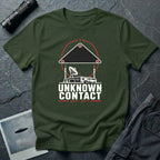 Radar station with satellite dish and vehicle beneath a targeted triangular UAP contact reticle with Unknown Contact UAP 02:17 text on a green t-shirt