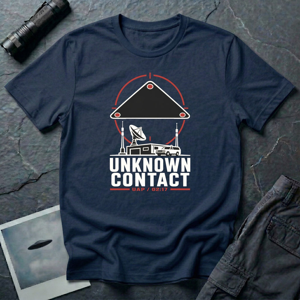 Radar station with satellite dish and vehicle beneath a targeted triangular UAP contact reticle with Unknown Contact UAP 02:17 text on a navy blue t-shirt