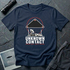 Radar station with satellite dish and vehicle beneath a targeted triangular UAP contact reticle with Unknown Contact UAP 02:17 text on a navy blue t-shirt