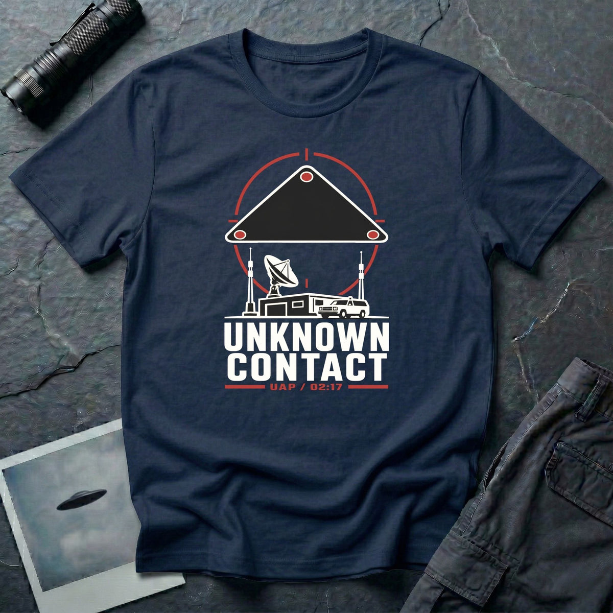 Radar station with satellite dish and vehicle beneath a targeted triangular UAP contact reticle with Unknown Contact UAP 02:17 text on a navy blue t-shirt