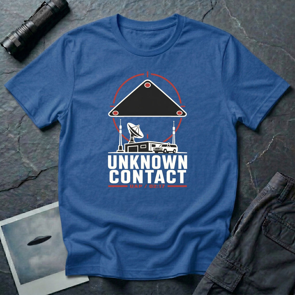 Radar station with satellite dish and vehicle beneath a targeted triangular UAP contact reticle with Unknown Contact UAP 02:17 text on a royal blue t-shirt