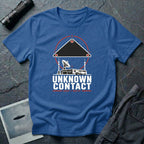 Radar station with satellite dish and vehicle beneath a targeted triangular UAP contact reticle with Unknown Contact UAP 02:17 text on a royal blue t-shirt