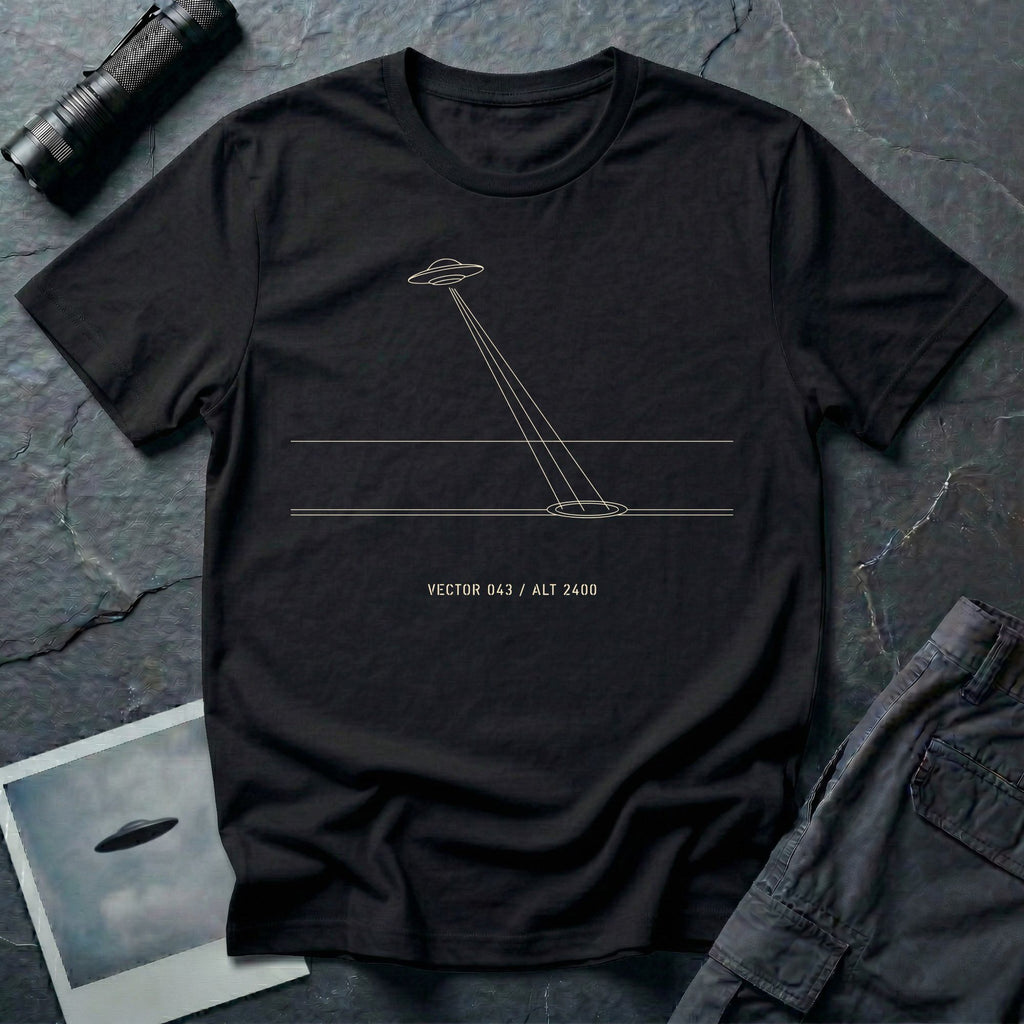 Black t-shirt with minimalist line art UFO beam hitting ground and Vector 043 Alt 2400 caption