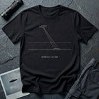 Black t-shirt with minimalist line art UFO beam hitting ground and Vector 043 Alt 2400 caption