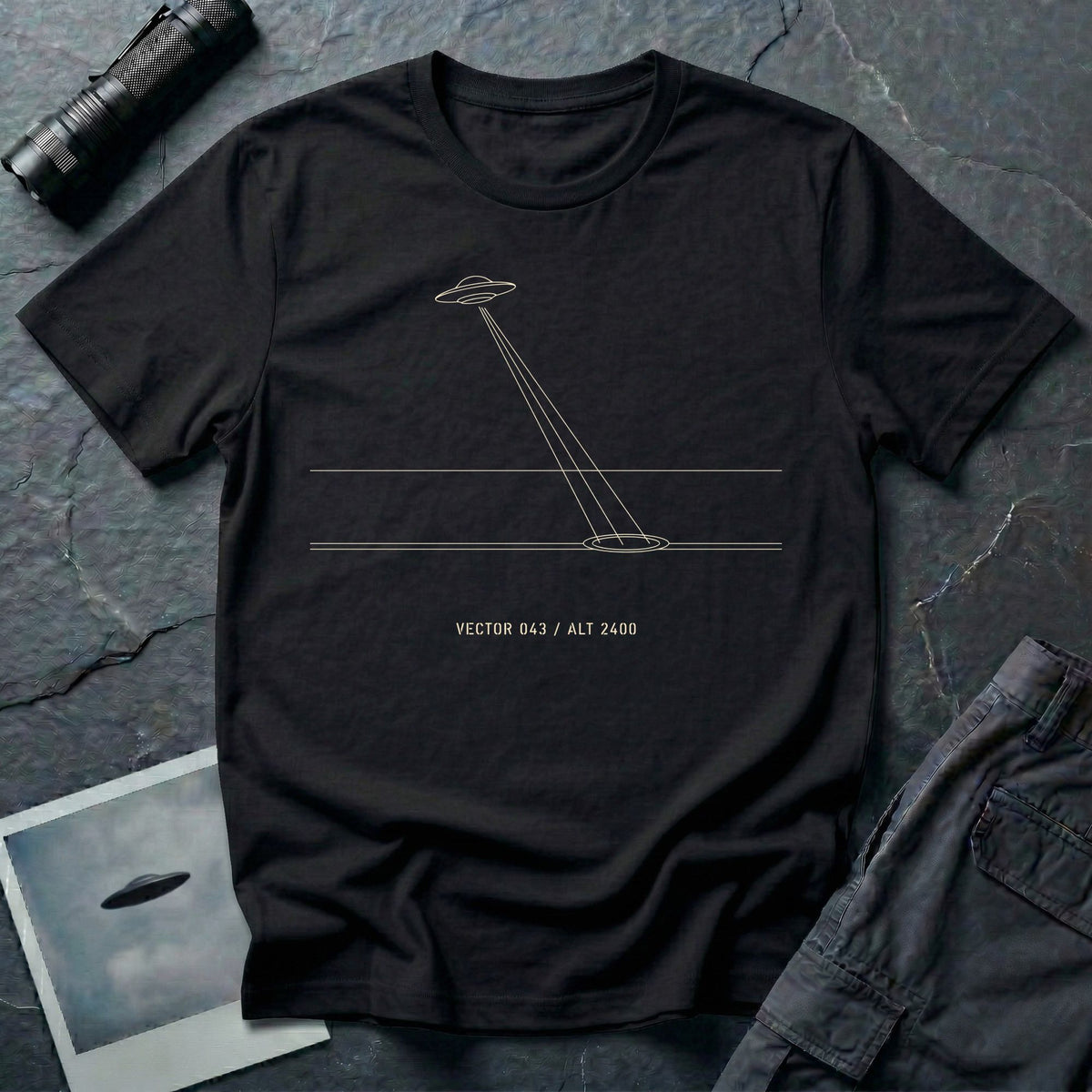 Black t-shirt with minimalist line art UFO beam hitting ground and Vector 043 Alt 2400 caption