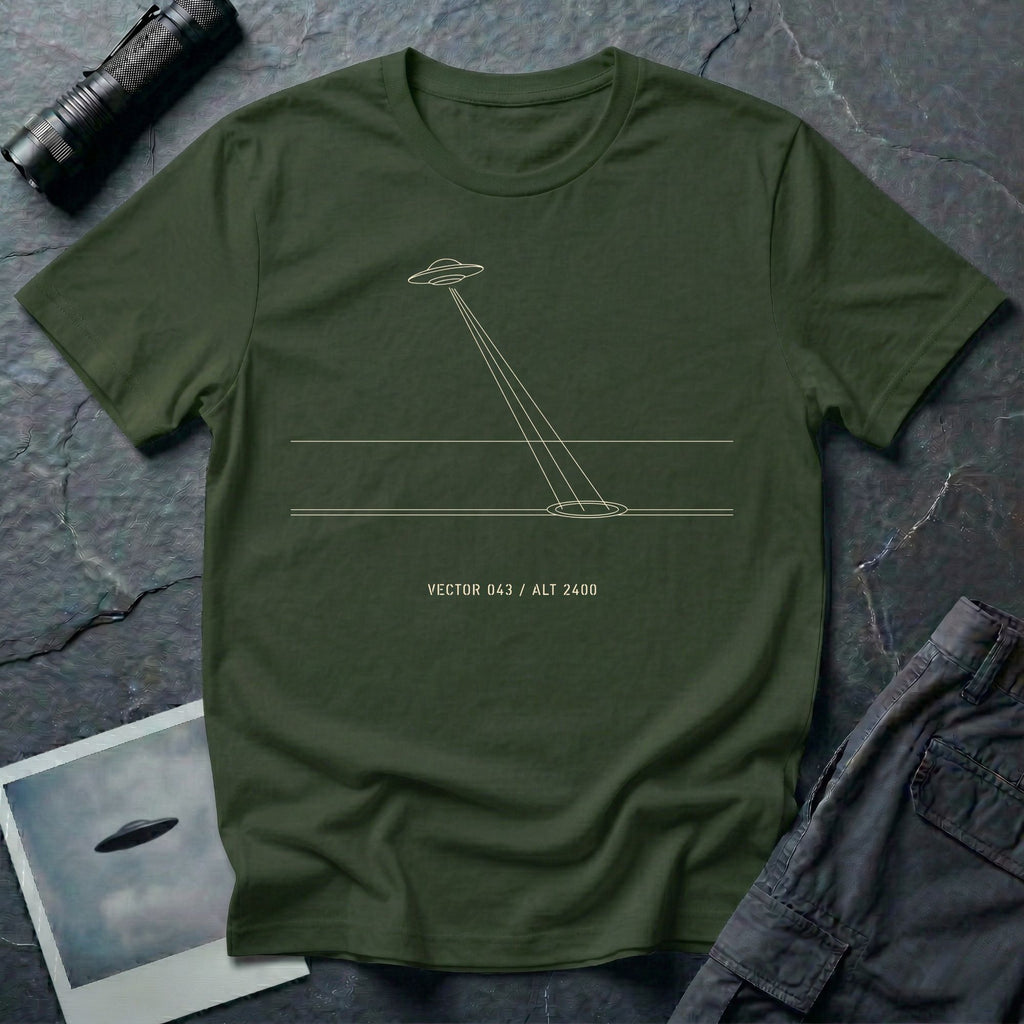 Military green t-shirt with minimalist line art UFO beam hitting ground and Vector 043 Alt 2400 caption