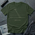 Military green t-shirt with minimalist line art UFO beam hitting ground and Vector 043 Alt 2400 caption