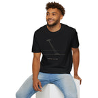 Black t-shirt with minimalist line art UFO beam hitting ground and Vector 043 Alt 2400 caption