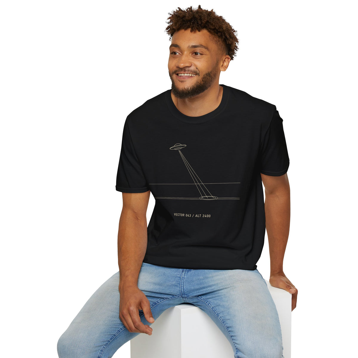 Black t-shirt with minimalist line art UFO beam hitting ground and Vector 043 Alt 2400 caption