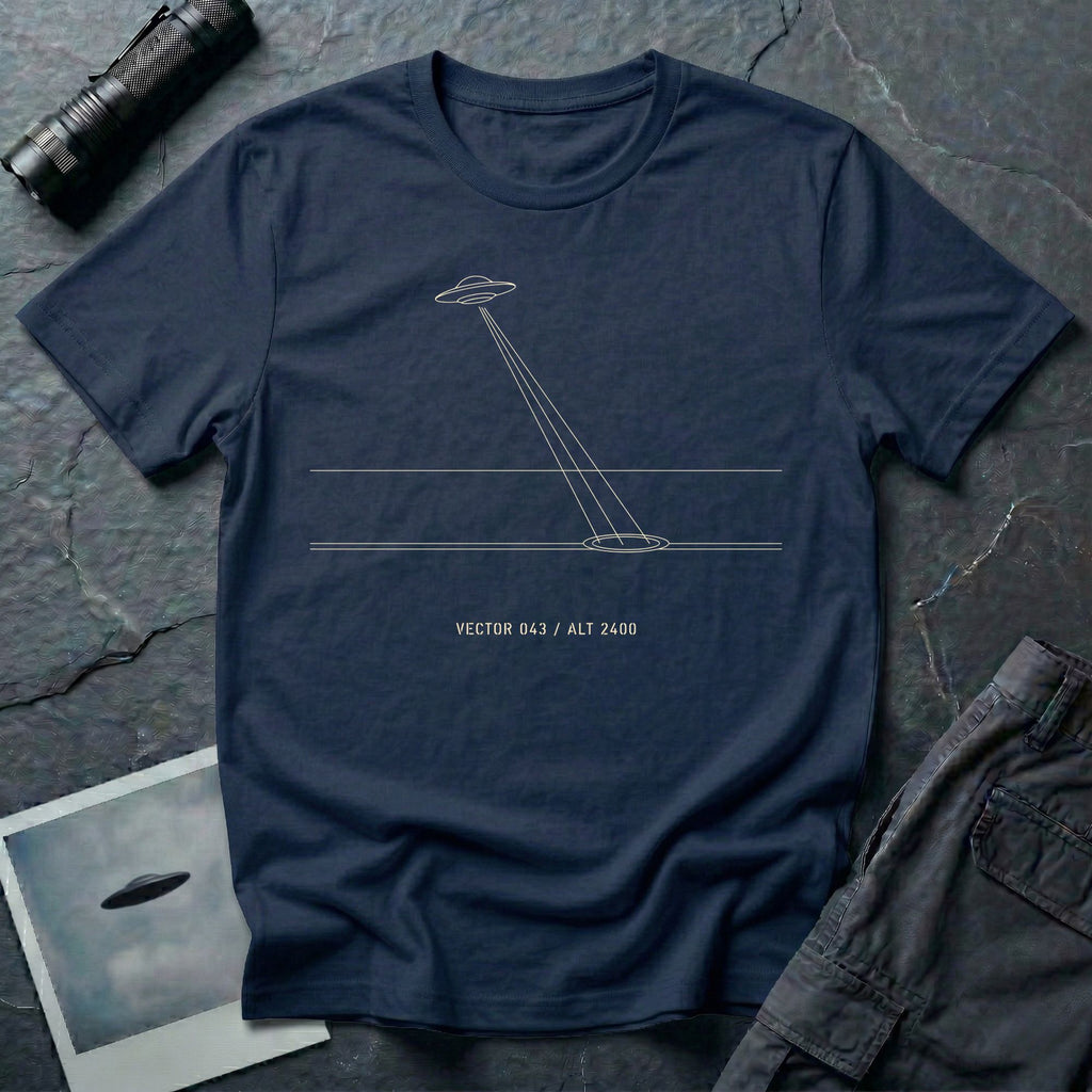 Navy blue t-shirt with minimalist line art UFO beam hitting ground and Vector 043 Alt 2400 caption