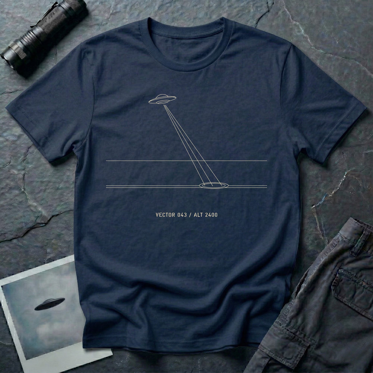 Navy blue t-shirt with minimalist line art UFO beam hitting ground and Vector 043 Alt 2400 caption