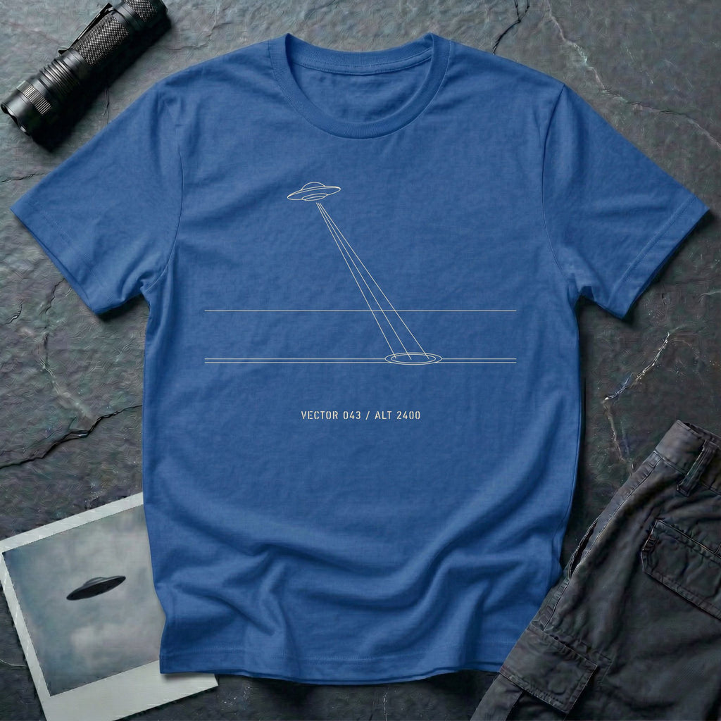 Royal blue t-shirt with minimalist line art UFO beam hitting ground and Vector 043 Alt 2400 caption