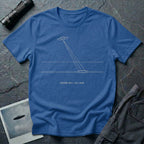 Royal blue t-shirt with minimalist line art UFO beam hitting ground and Vector 043 Alt 2400 caption