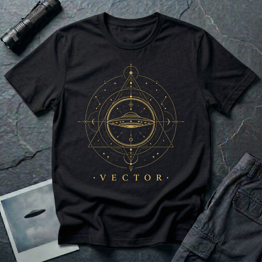 Black UFO t-shirt with a flying saucer inside an upward-pointing sacred geometry triangle with compass points and crescent moons in gold with the word VECTOR beneath