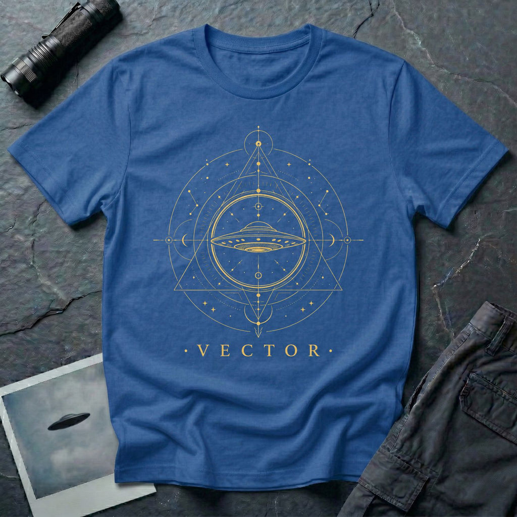Royal blue UFO t-shirt with a flying saucer inside an upward-pointing sacred geometry triangle with compass points and crescent moons in gold with the word VECTOR beneath