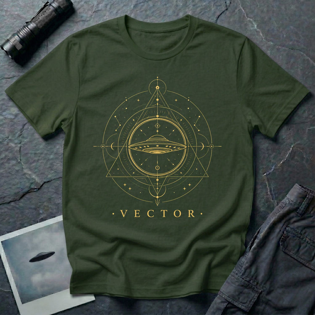 Military green UFO t-shirt with a flying saucer inside an upward-pointing sacred geometry triangle with compass points and crescent moons in gold with the word VECTOR beneath