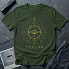 Military green UFO t-shirt with a flying saucer inside an upward-pointing sacred geometry triangle with compass points and crescent moons in gold with the word VECTOR beneath