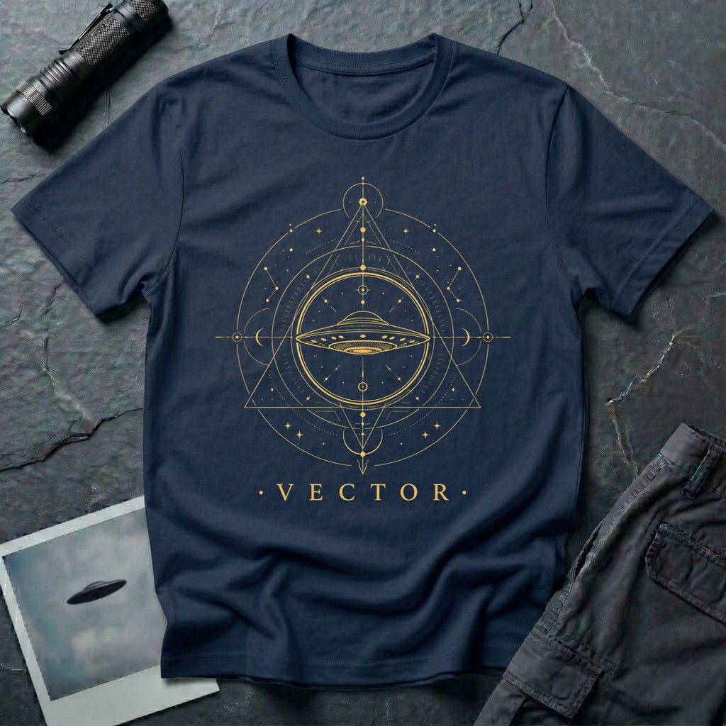 Navy blue UFO t-shirt with a flying saucer inside an upward-pointing sacred geometry triangle with compass points and crescent moons in gold with the word VECTOR beneath