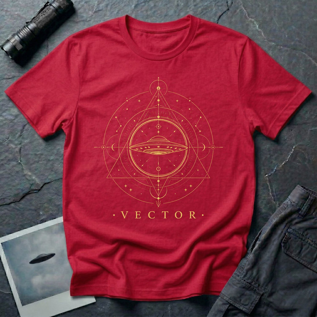 Red UFO t-shirt with a flying saucer inside an upward-pointing sacred geometry triangle with compass points and crescent moons in gold with the word VECTOR beneath