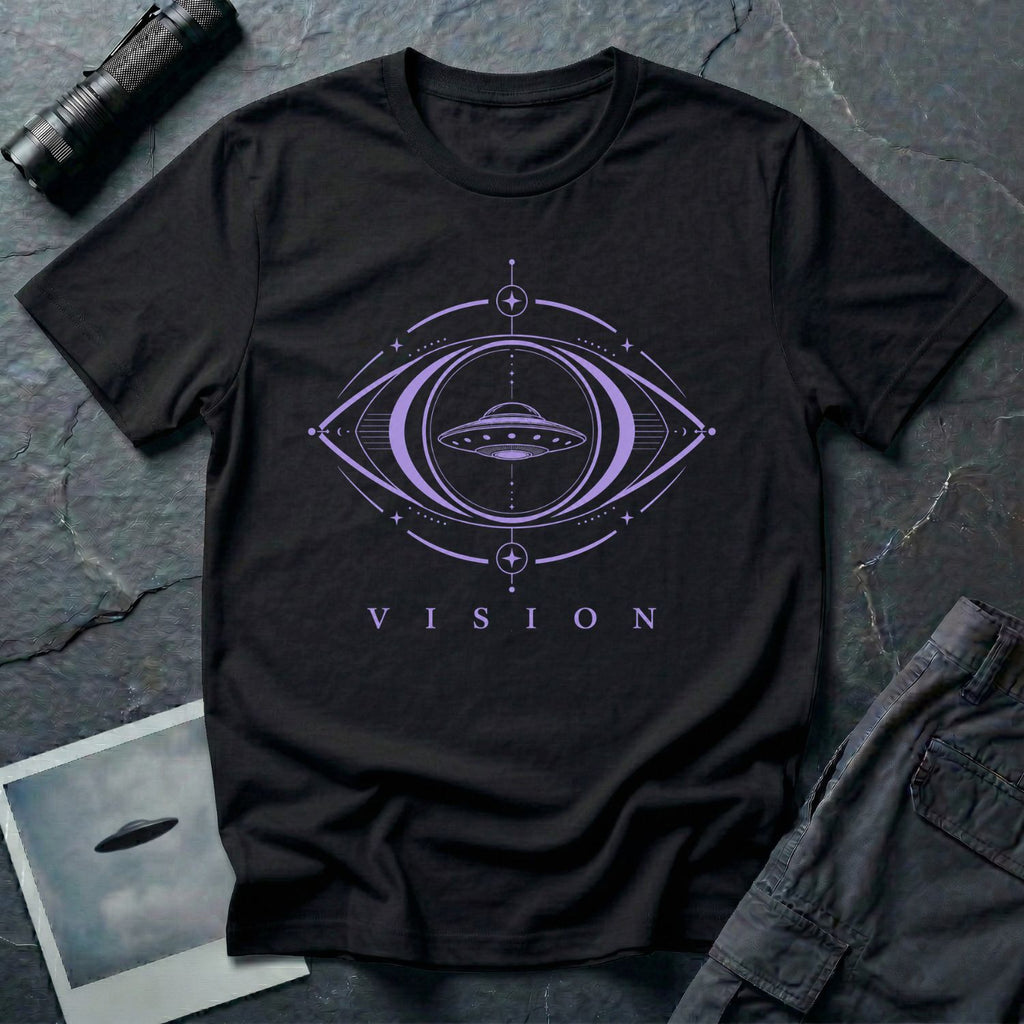 Black UFO t-shirt with a flying saucer inside a third eye sacred geometry frame in lavender purple with the word VISION beneath