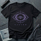 Black UFO t-shirt with a flying saucer inside a third eye sacred geometry frame in lavender purple with the word VISION beneath