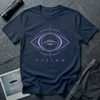 Navy blue UFO t-shirt with a flying saucer inside a third eye sacred geometry frame in lavender purple with the word VISION beneath