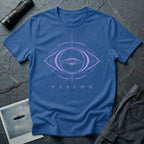 Royal blue UFO t-shirt with a flying saucer inside a third eye sacred geometry frame in lavender purple with the word VISION beneath