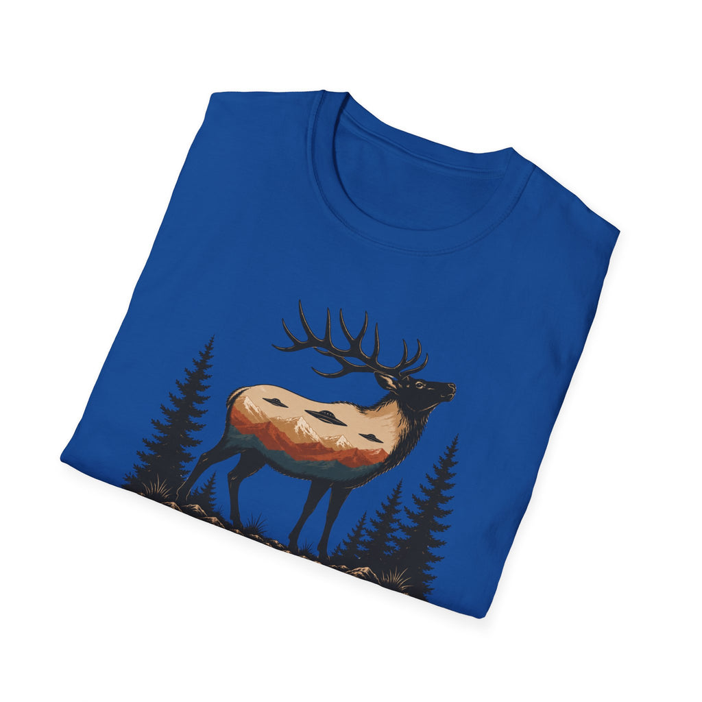 We Come in Disguise UFO t-shirt with deer double exposure hiding three saucers in mountain skyline, blue