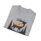 We Come in Disguise UFO t-shirt with deer double exposure hiding three saucers in mountain skyline, grey