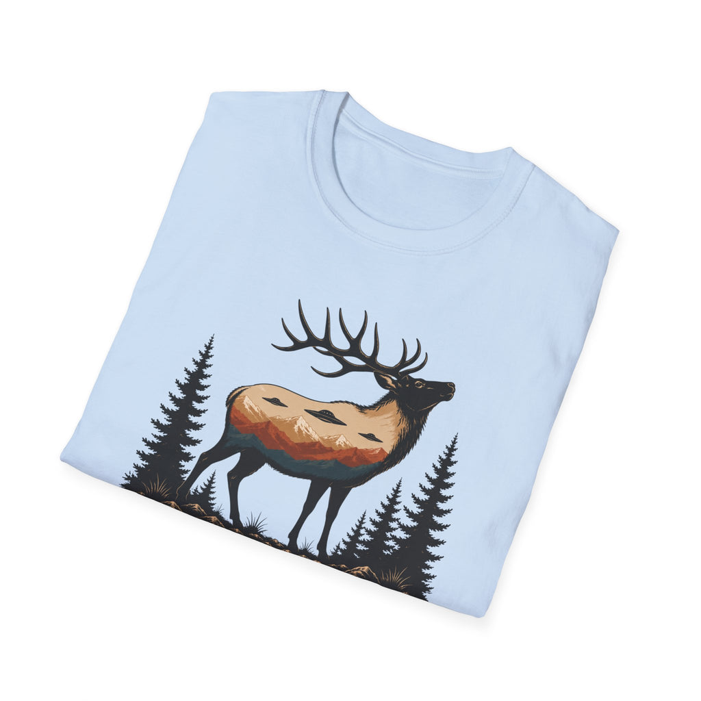 We Come in Disguise UFO t-shirt with deer double exposure hiding three saucers in mountain skyline, light blue