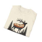 We Come in Disguise UFO t-shirt with deer double exposure hiding three saucers in mountain skyline, natural