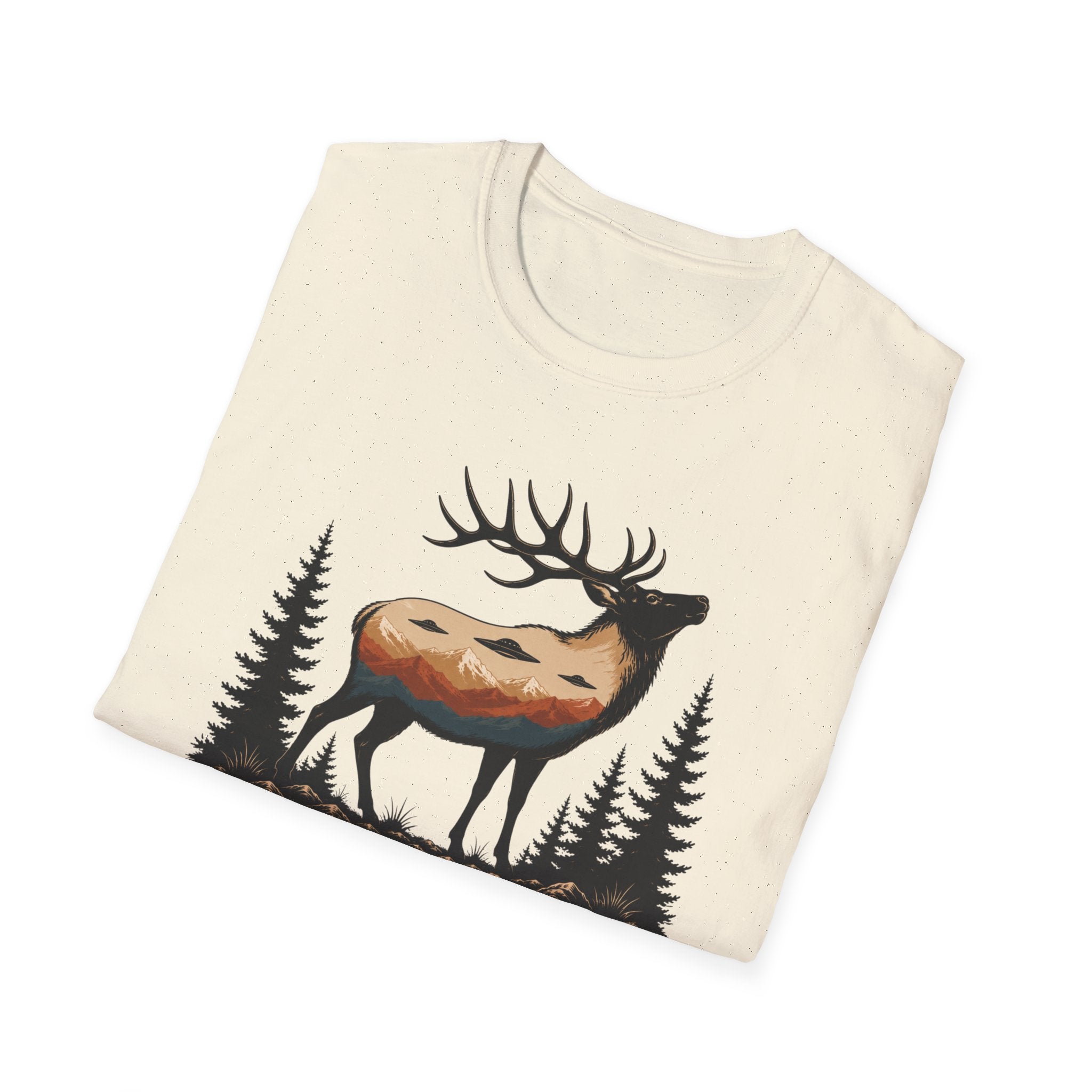 We Come in Disguise UFO t-shirt with deer double exposure hiding three saucers in mountain skyline, natural