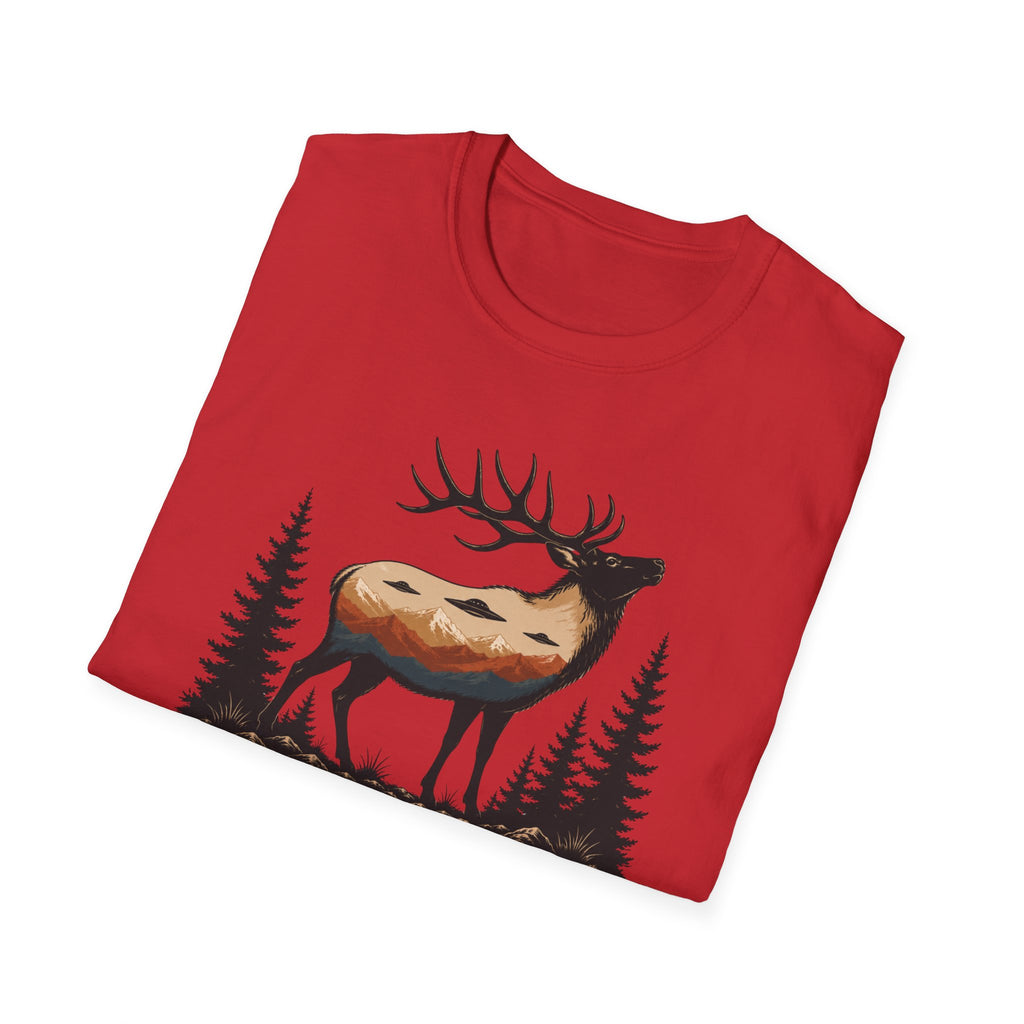 We Come in Disguise UFO t-shirt with deer double exposure hiding three saucers in mountain skyline, red