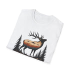 We Come in Disguise UFO t-shirt with deer double exposure hiding three saucers in mountain skyline, white