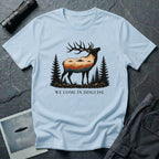 We Come in Disguise UFO t-shirt with deer double exposure hiding three saucers in mountain skyline, light blue