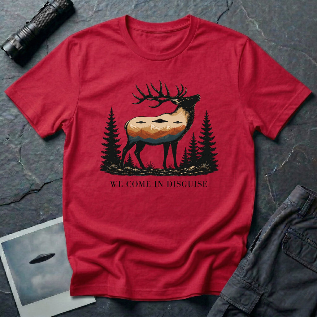 We Come in Disguise UFO t-shirt with deer double exposure hiding three saucers in mountain skyline, red